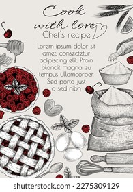 Vector illustration with pie recipe. Graphic linear pie with cherries and raspberries, flour, eggs, honey spoon, sugar