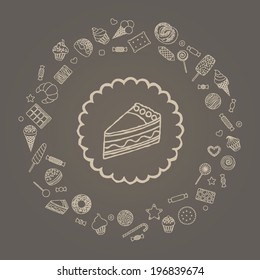 Vector illustration of pie in a round frame from sweets