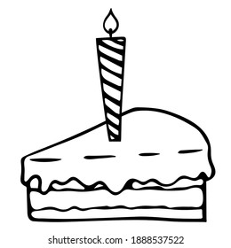Vector illustration. Piece of birthday cake with cream and striped candle isolated on white. Hand drawn slice of pie doodle clipart. Perfect for menu, poster, food banner, collage, invitation, card.