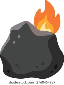 Vector illustration of a piece of burning charcoal or coal. The image depicts a textured black stone-like coal lump with a bright, stylized flame emerging from the top.