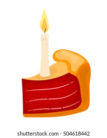 Vector illustration of a piece of cake with candle on a white background. Cartoon cake with 
candle and sweet red berry filling. Food for the holidays, festive dessert