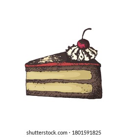 Vector illustration of a piece of cake with cherries drawn by hand in color. Sweet pastries dessert for coffee and tea design for cafe and pastry shop and culinary and bakery