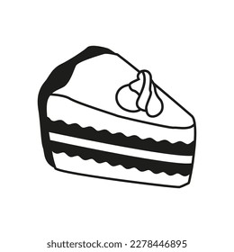 Ilustración vectorial de un trozo de tarta. Una imagen de una dulce confección al estilo de un doodle. Dulce pastel relleno para las vacaciones