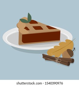 Vector illustration. A piece of cake on a plate with cinnamon and autumn decorations