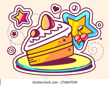 Vector illustration of piece of cake on a plate with a star on light background. Hand draw line art design for web, site, advertising, banner, poster, board and print.  