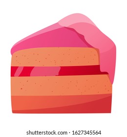 Vector illustration of a piece of cake with pink cream and jelly isolated on a white background
