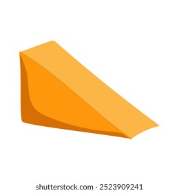 Vector illustration of a piece of cheddar cheese. An orange triangular piece of hard cheese is painted sideways in a flat realistic style. A large piece for slicing dairy product. Cheese Triangle