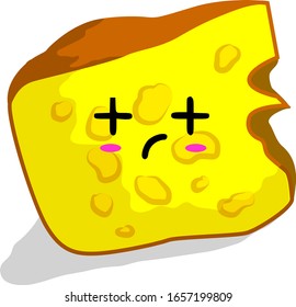 Vector Illustration Piece Cheese with 'Kawaii" Being Sick Face Expression, Japanese Cartoon Face