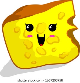 Vector Illustration Piece Cheese with 'Kawaii" Big Smile Face Expression, Japanese Cartoon Face