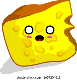 Vector Illustration Piece Cheese with 'Kawaii" Shocked Face Expression, Japanese Cartoon Face