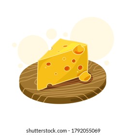 Vector illustration of a piece of cheese on a kitchen Board. Isolated background.