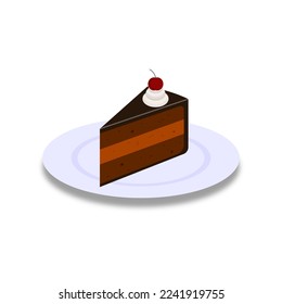 Vector illustration: a piece of chocolate cake with cherry and whipped cream on top