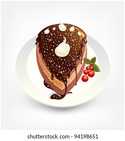 Vector illustration of a piece of chocolate cake on a plate with red currant