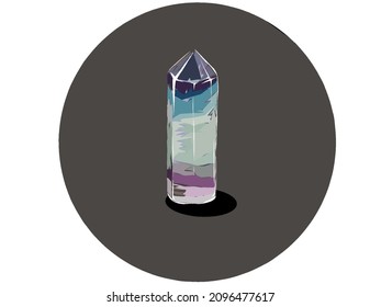 Ilustración vectorial. Pieza de cristal de curación cortada y pulida. Multicolor, púrpura y azul. Aislado en un fondo oscuro. 