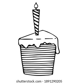 Vector illustration. Piece of cute birthday multi-layer cake with striped candle isolated on white. Hand drawn slice of pie doodle clipart. For menu, poster, food banner, collage, invitation, card.