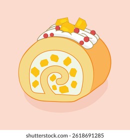 vector illustration of a piece of a Mango swiss roll cake with chopped mango and cream on top, Sweet Dessert Cartoon Design 