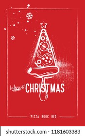 Vector illustration Piece of pizza on a scapula in the form of a Christmas tree. Christmas card. Red Charcoal background