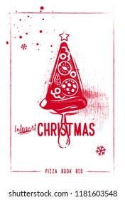 Vector illustration Piece of pizza on a scapula in the form of a Christmas tree. Christmas card. White Charcoal background