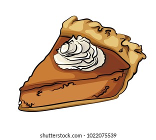 A vector illustration of a piece of pumpkin pie, topped with whipped cream, isolated on a white background