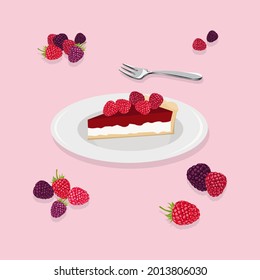 Vector illustration of piece of raspberry cream pie. Slice of raspberry cream pie on white plate with fork. raspberry dessert menu.