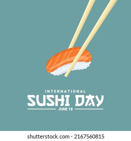 Ilustración vectorial, un trozo de sushi sobre palillos, como pancarta, afiche o plantilla, Día Internacional del Sushi.