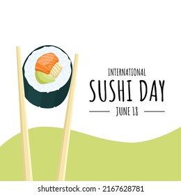 Vector illustration, a piece of sushi on chopsticks, as a banner, poster or template, international sushi day.