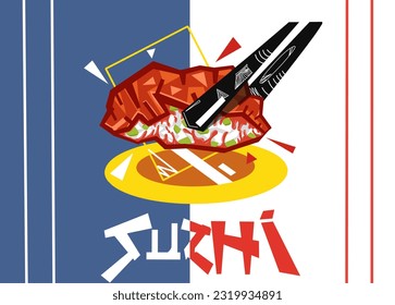 Vector illustration, a piece of sushi on chopsticks, as a banner, poster or template, international sushi day.