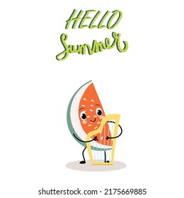 Vector illustration of a piece of watermelon playing the harp, a cartoon character, with the inscription "Hello Summer". Summer time, summer mood, berries, organic. Funny berries.