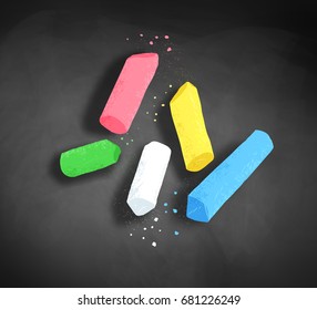 Vector illustration of pieces of chalk with shadow on blackboard background.