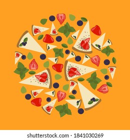 Vector illustration pieces of cheesecake, strawberry, blueberry and mint on yellow background