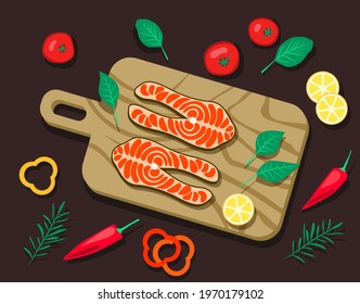 Vector illustration: pieces of fish and vegetables on a cutting board. Cartoon style.