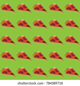 vector illustration pieces of pizza with sausage and melted cheese on a gently green background.