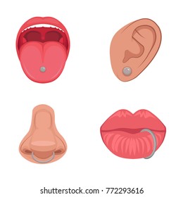  Vector Illustration Of A Piercing Studio Icon, Ear, Nose, Lips And Tongue. Body Parts