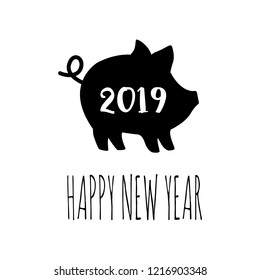 Vector illustration of Pig and 2019 text. Cute piggy silhouette,  Zodiac symbol of 2019 New year. Cute cartoon pig useful for invitations, scrapbook, Christmas card, poster, sticker, clip art. 