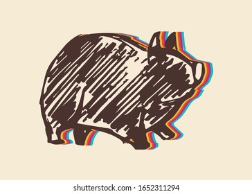 Vector Illustration of Pig Animal with Vintage Rainbow Style. This Is Good For Poster, Background and Shirt Design.