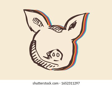 Vector Illustration of Pig Animal with Vintage Rainbow Style. This Is Good For Poster, Background and Shirt Design.