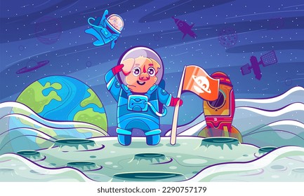 Vector illustration of a pig astronaut on the moon in cartoon comic style.