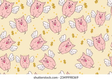 vector illustration of a pig background with cute wings seamless