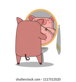 Vector Illustration of pig Brushing her teeth