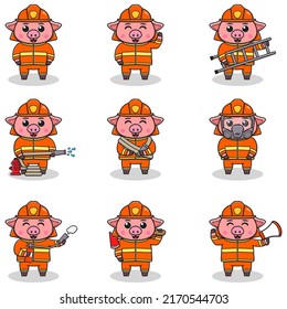 Vector Illustration of Pig cartoon with Firefighter costume. Set of cute Pig characters. Collection of funny Pig isolated on a white background.