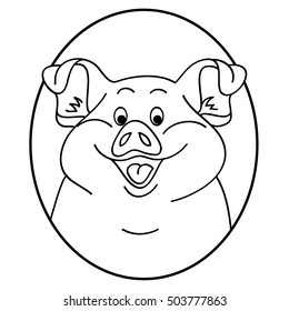 Vector illustration of pig. Cartoon pig looks out from the hole. Pig face. 
