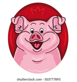 Vector illustration of a pig. Cartoon pig looks out from the red hole. 