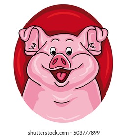 Vector illustration of a pig. Cartoon pig looks out from the red hole. Pig farm.
