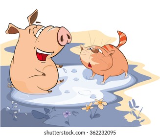 Vector Illustration of A Pig and a Cat in a Puddle