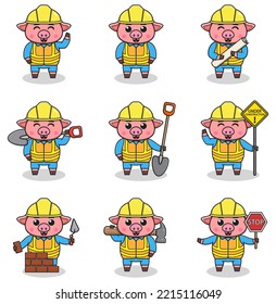 Vector illustration of Pig character at construction site. Construction workers in various tools. Cartoon Pig characters in hard hat working at building site vector.