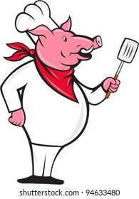 Vector illustration of a pig chef holding a spatula standing to side done in cartoon style.