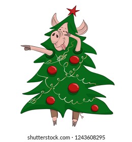 vector illustration of pig in christmas tree costume isolated