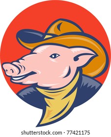 vector illustration of a pig with cowboy hat and bandanna set inside a circle done in retro style.