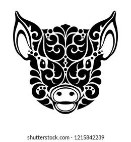 Vector illustration pig - design element, print, icon. Abstract Ornamental pattern cute pig, black and white graphic, symbol 2019