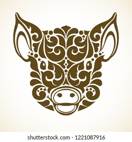 Vector illustration pig - design element, print, icon. Abstract Ornamental floral pattern cute pig, vintage graphic, symbol 2019